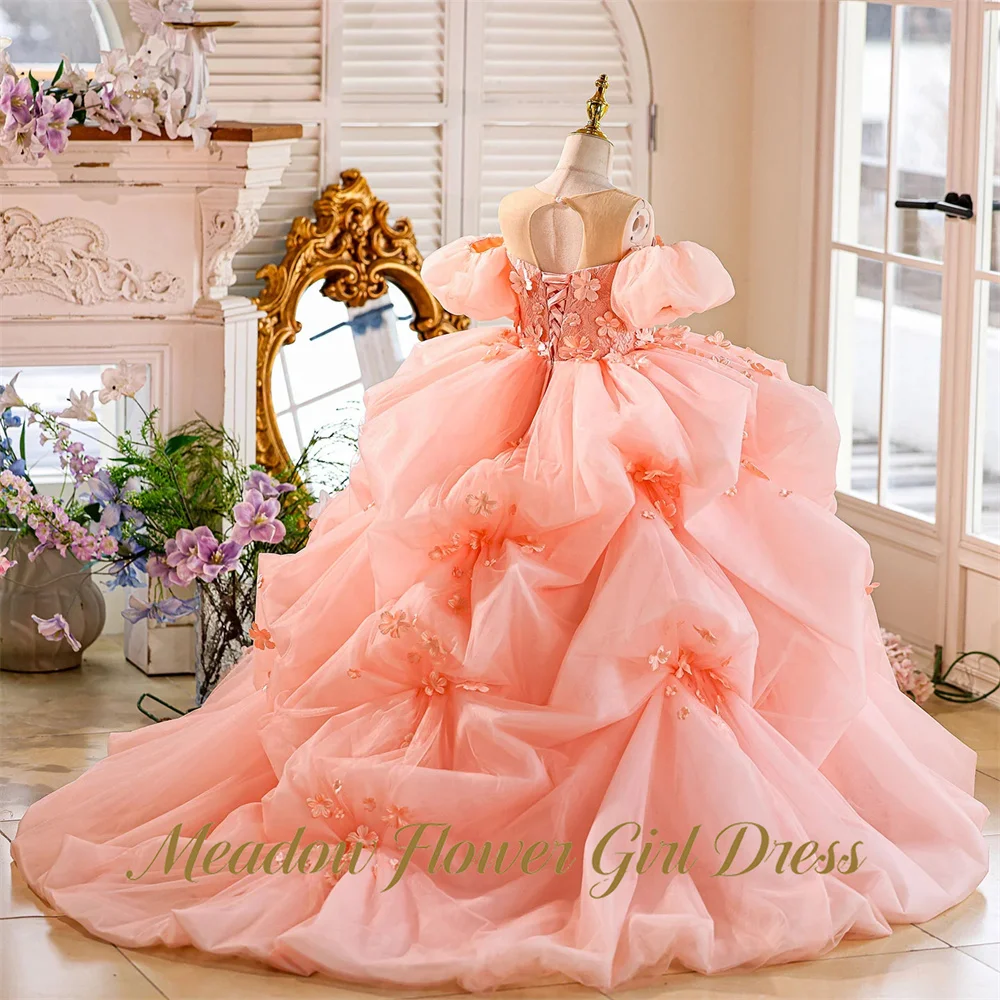 Meadow Pink Organza Flower Girl Dress with 3D Flowers Princess Girls Dresses Floor Length A Line Kids Birthday Party Dresses