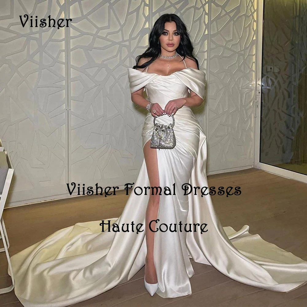 

Arabian Dubai Mermaid Prom Dresses Off Shoulder Pleats Satin Evening Party Dress with Slit Wedding Party Gowns