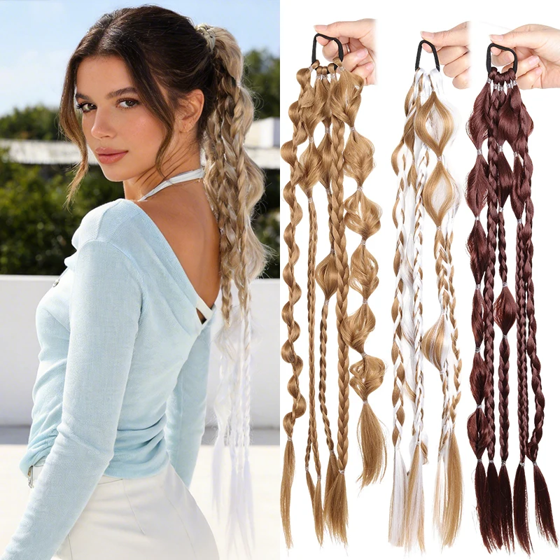 Synthetic Fiber Gradient Ponytail with Wavy Braids – 24in Long, Soft & Stylish for Women’s Hair Accessories