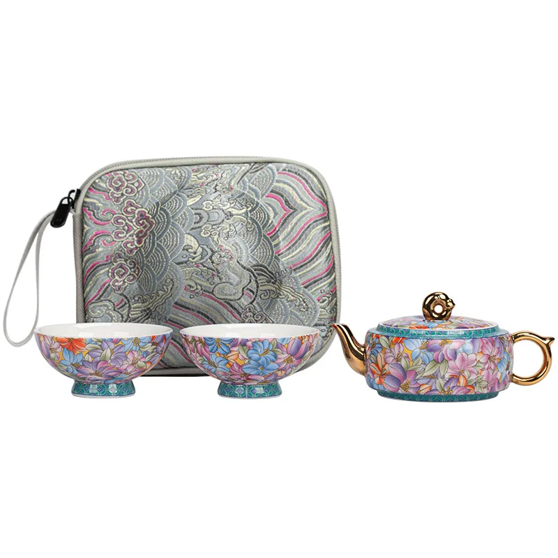 Chinese Style White Porcelain Tea Set, Travel Camping, One Tea Pot, Two Tea Cups Enamel Colored Gift Outdoor Camping Storage Bag