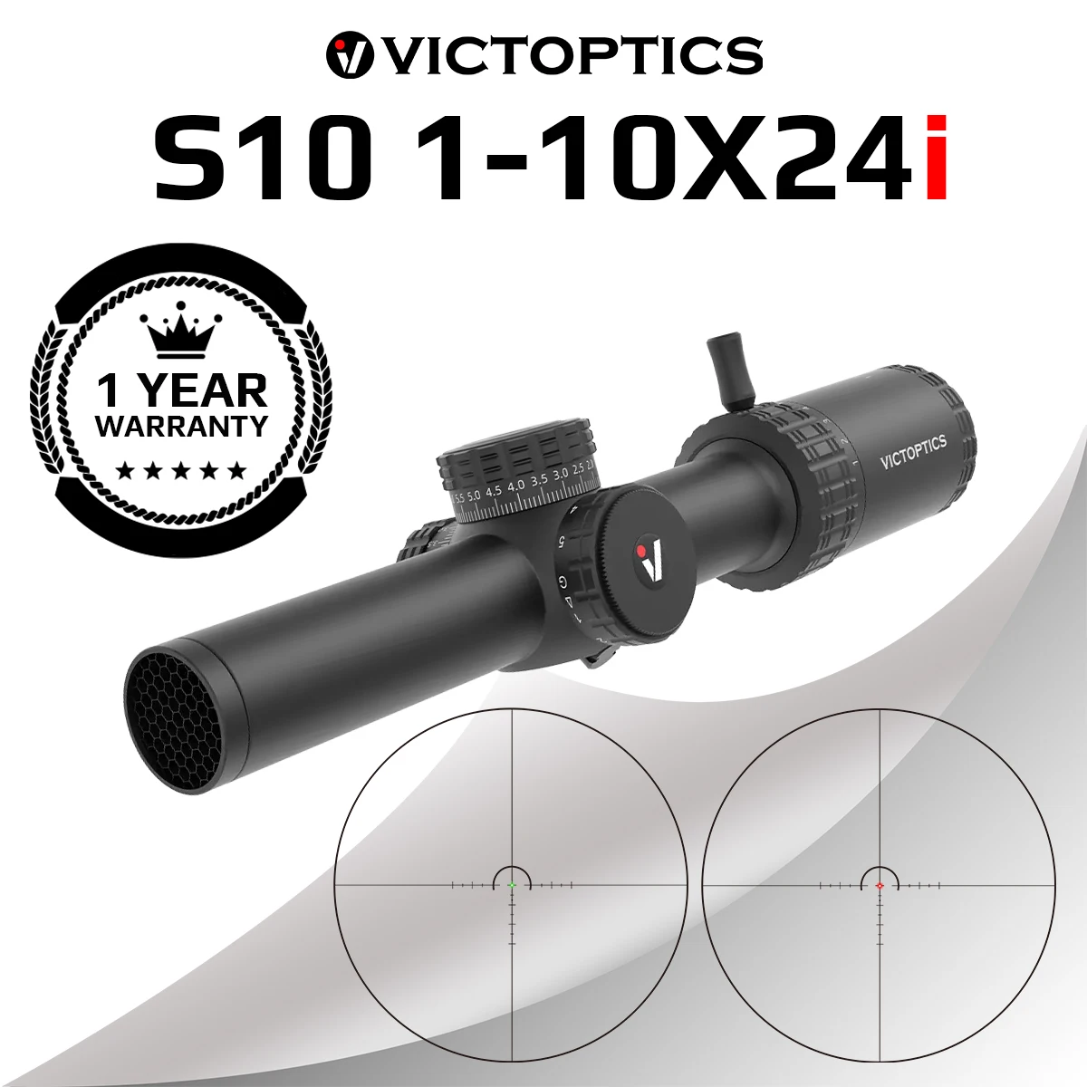 

VictOptics S10 1-10x24i оптический прицел с волоконной сеткой, 5-уровневая подсветка, большое удаление выходного зрачка, широкое поле зрения, 1/4 МОА, блокируемые регулировочные барабаны для охоты
