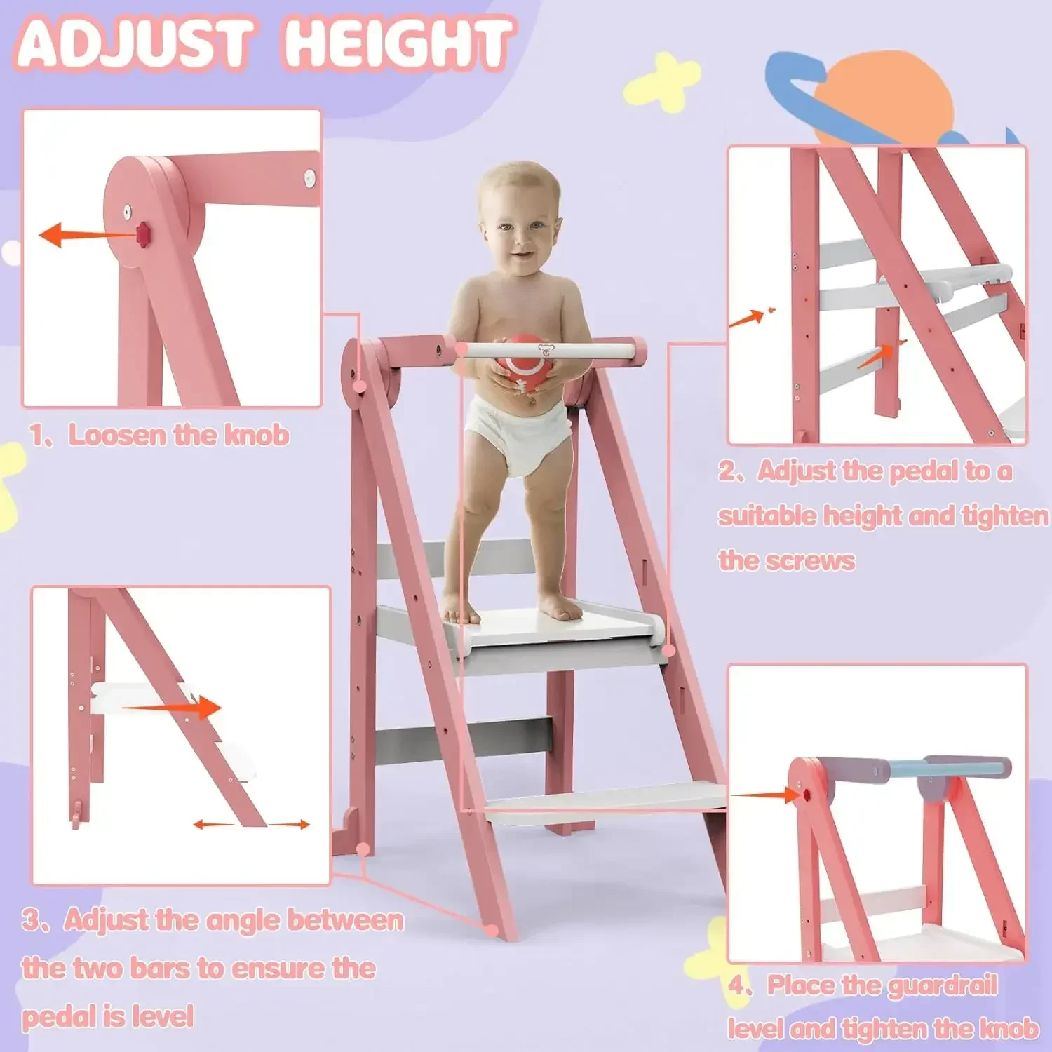 Toddler Kitchen Stool Helper, Tower with 3 Adjustable Height, Wooden Step Stool, Collapsible