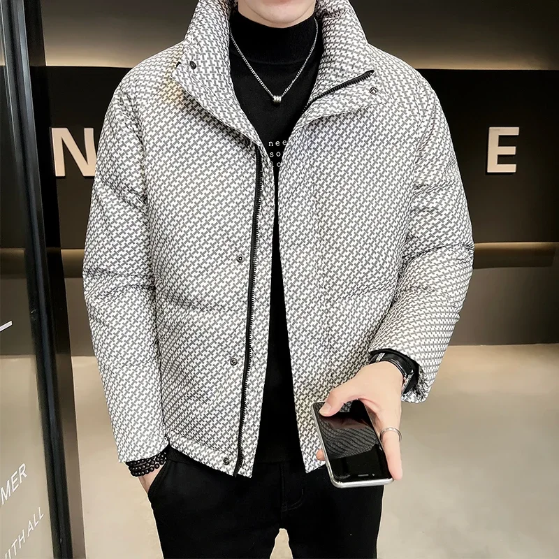 Winter New Simple Trend Stand-up Collar Men\'s Checked Jacket White Eiderdown Jacket Can Go with High-quality Warm Mens Coat