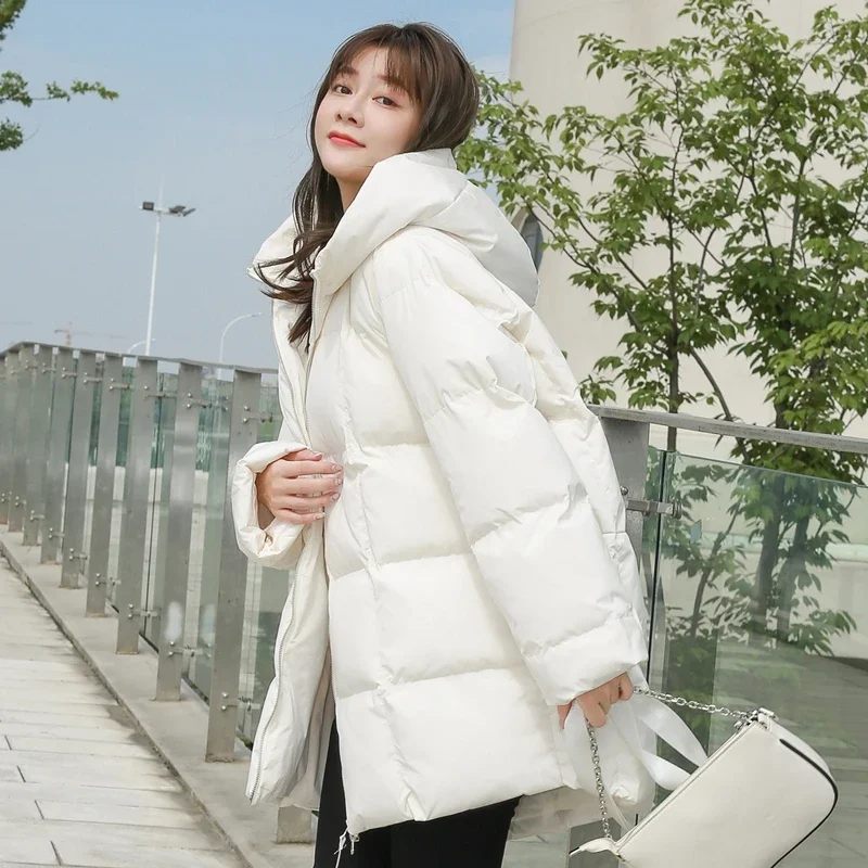 Winter New Style Puffer Jackets Women White Zipper Long Down Jacket Woman Korean Loose Hooded Bubble Coats Female