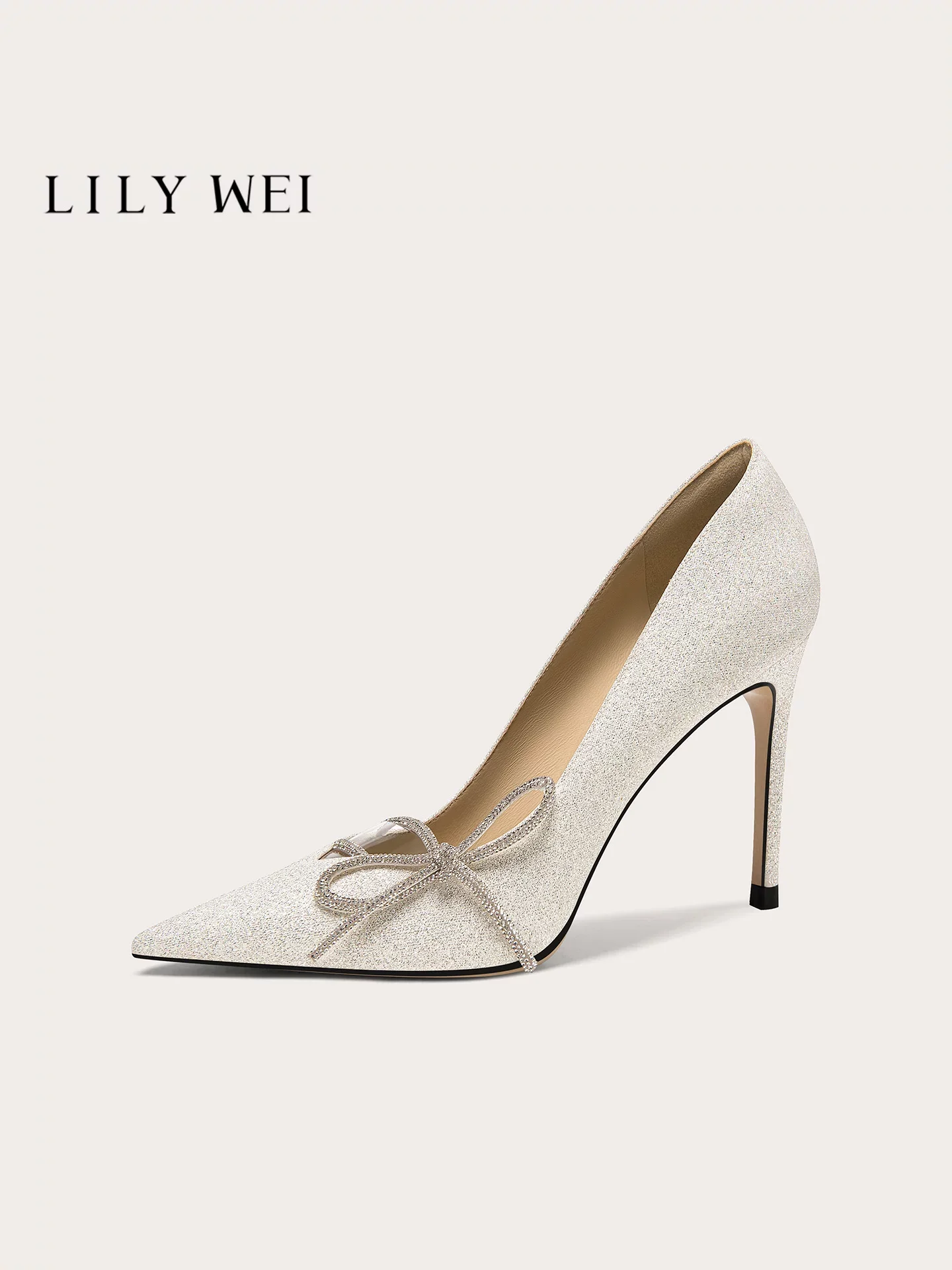 Spring new pointed shallow mouth rhinestone bow sequin wedding shoes banquet large size small size slim high-heeled women's shoe
