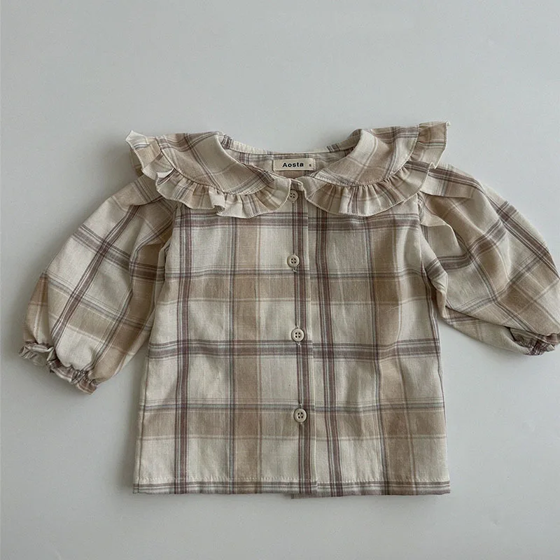 Girl Baby Spring Thin Blouse Vintage Floral Shirt Sweet Peter Pan Collar Thin Coat Plaid Bottoming Shirt Girls Cotton Tops