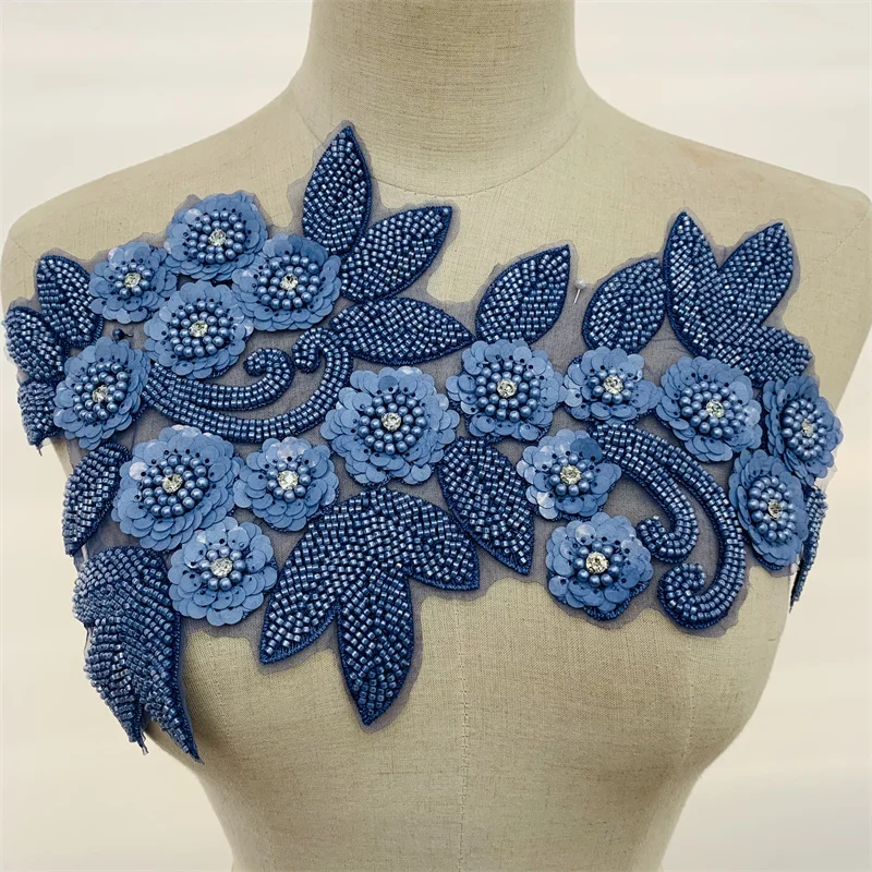 1 Pc 3D Flower Applique Sequin Beaded Embroidery Lace Trim Patch Chic Material