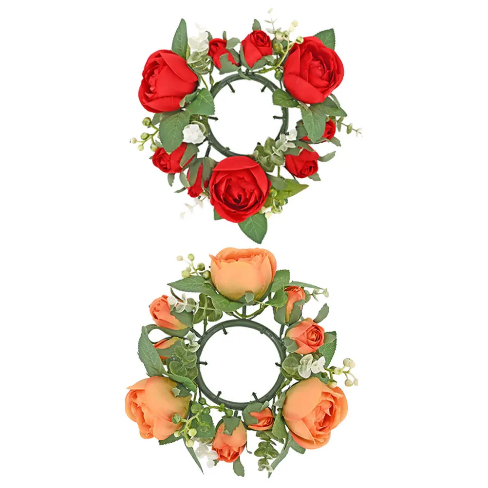 

2Pcs Artificial Rose Ring Decorative Pillar Wreaths Wedding Party Table Centerpiece Floral Wreath