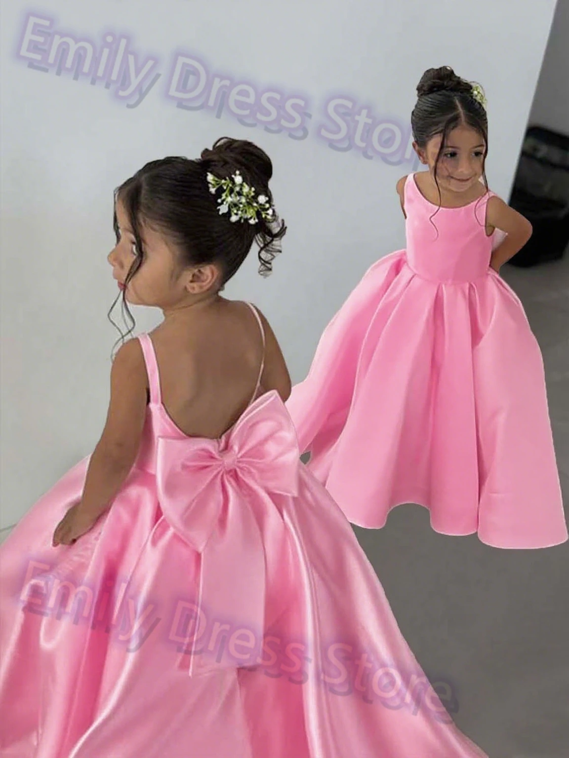 カスタマイズされた紫色のフラワーガールのドレス結婚式のサテンと弓ノースリーブエレガントなふわふわ子供の誕生日初聖体夜会服