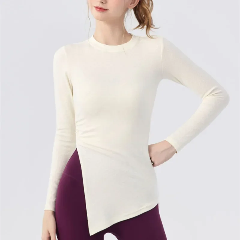 Autumn Sports Outer Wear Long-sleeved Blouse Covering Buttocks for Women Pleated Slit Casual Fitness T-shirt Pilates Yoga Wear