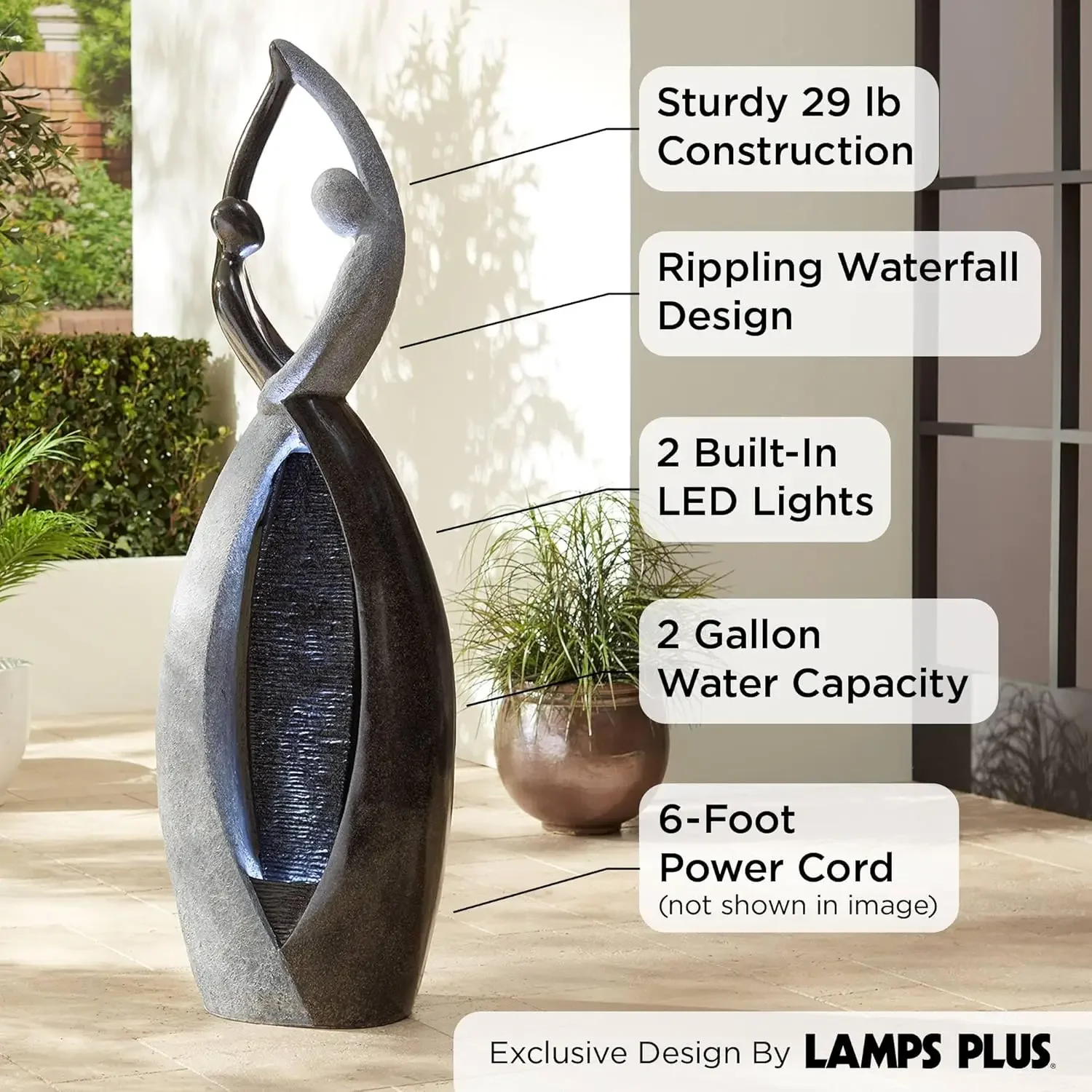 Dancing Couple Modern Zen Outdoor Floor Water Fountain with LED Light Black Gray Stone 57" for Yard Garden Patio Backyard Deck