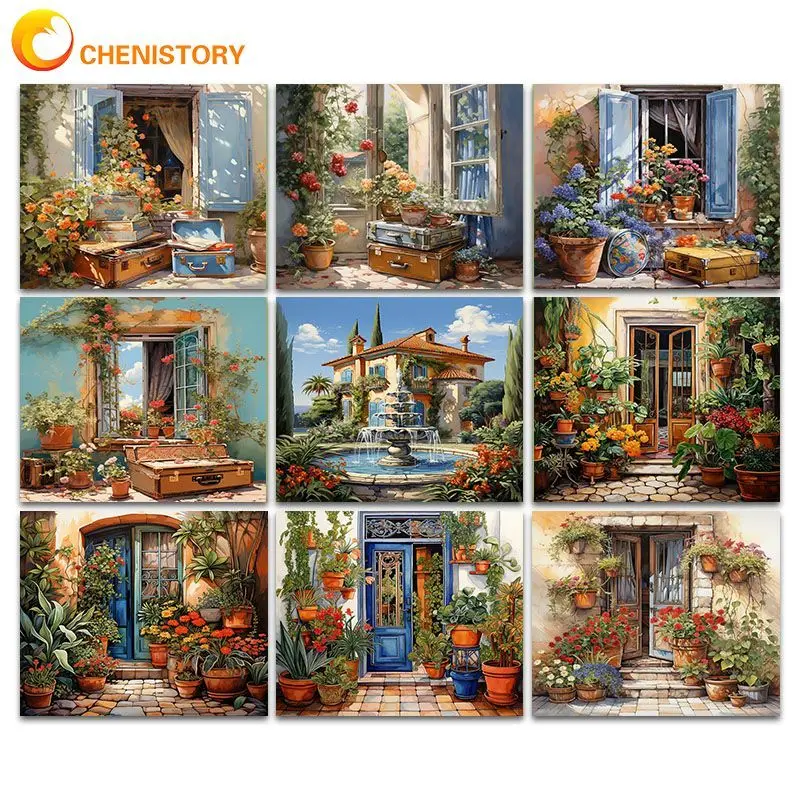 

CHENISTORY Coloring By Numbers Flowers House Landscape DIY Frame Oil Painting Drawing On Canvas Home Decoration 40x50cm