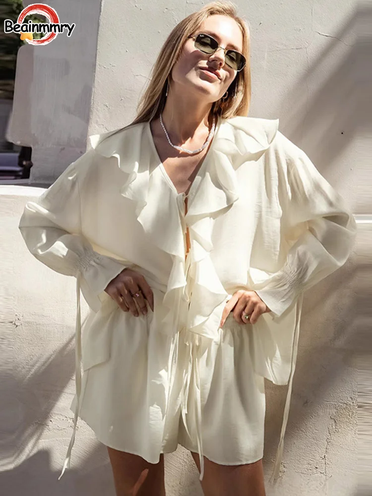 Conjunto de 2 piezas de moda para mujer, traje informal de manga acampanada con borde de hoja de loto y cordones, pantalones cortos transparentes de malla, traje de viaje para señora nueva 2025