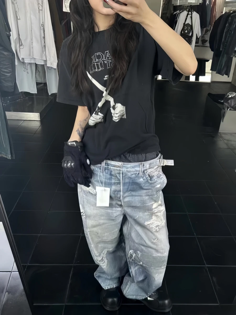 

High Quali Digital Print West Coast Fake Double Waist Jeans Men's Faionable Casual Loose Fit Breathable Comfortable
