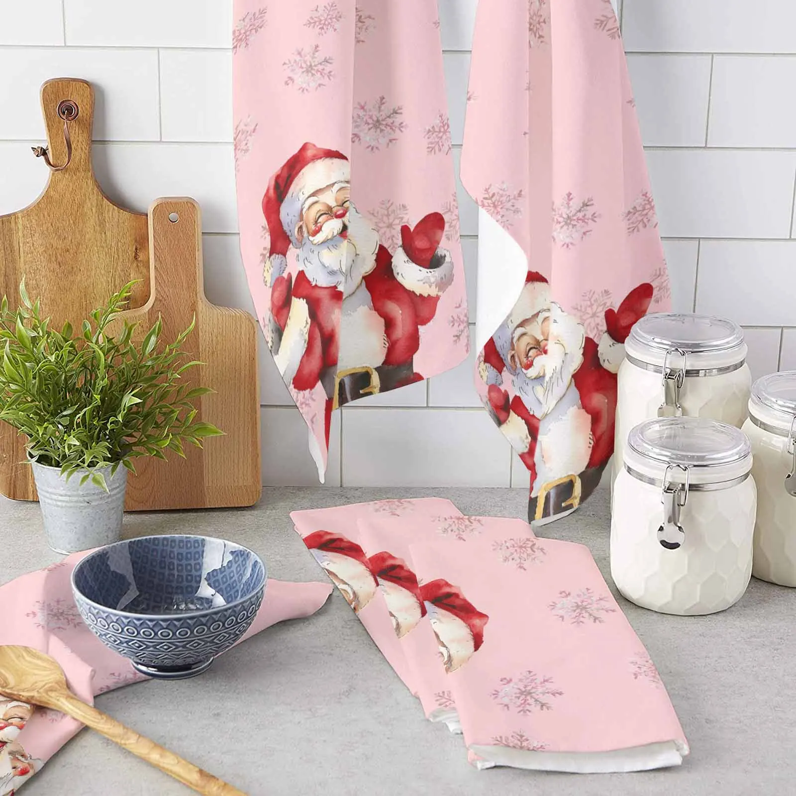 Christmas Watercolor Snowflake Retro Santa Claus Printed Hand Towel Kitchen Dishcloth Water Absorption Household Cleaning Cloth