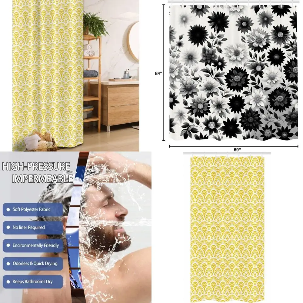 

vintage-inspired oriental fish scale shower curtain with geometric line motifs and fabric bath design