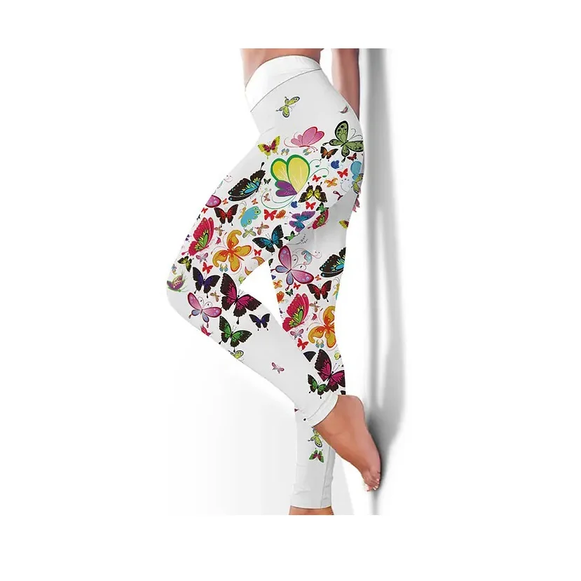 Butterfly flower print casual high waist hip lift elastic elastic waist tight-fitting daily wear travel working women\'s leggings