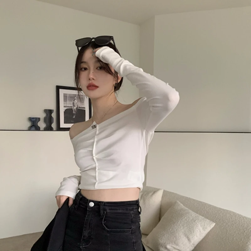 الخريف مثير خارج الكتف عالية الخصر قصيرة قاع قميص المرأة طويلة الأكمام تي شيرت تصميم الأعلى #4