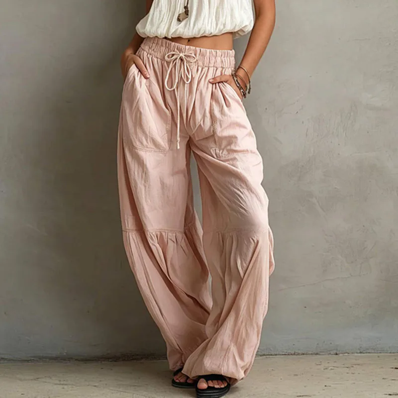 Solid Loose Pants Ladies Elastic Waist Self Tie Drawstring Tiered Ruched Wide Leg Trousers Pocket Bohemian Vacation Casual Pants