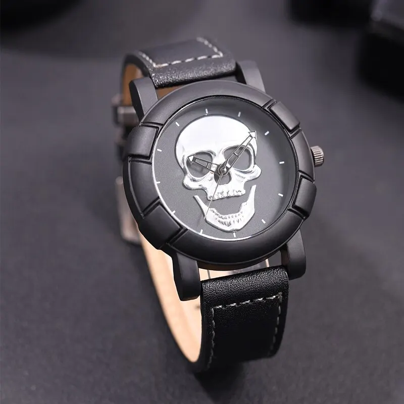 3PCS Set Fashion Mens Skull Watches Classic Men Business Leather Quartz Watch Male Cool Black Necklace Bracelet Wristwatch