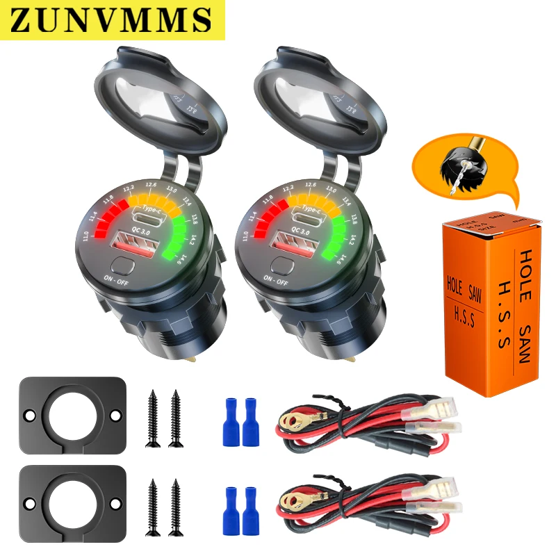 ZUNVMMS مقبس شاحن USB مزدوج مع الفولتميتر LED ON OFF التبديل QC3.0 نوع C مقاوم للماء منفذ USB شاحن سريع لسيارة 12 فولت/24 فولت