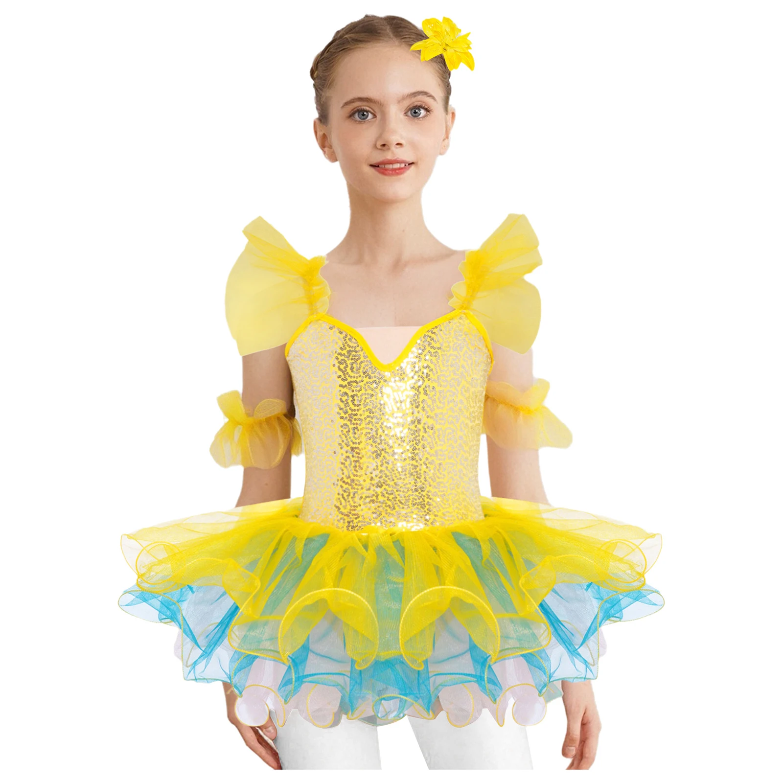 

Kids Girls Ballet Dance Dress Adjustable Straps Ruffled Sleeves Shiny Sequins Bodice Layered Tutu Dress+Headwear+Cuffs 3Pcs/Set
