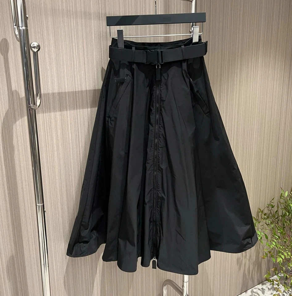 New women belt zipper solid swinging skirts pockets high waist nylon long skirt black khaki