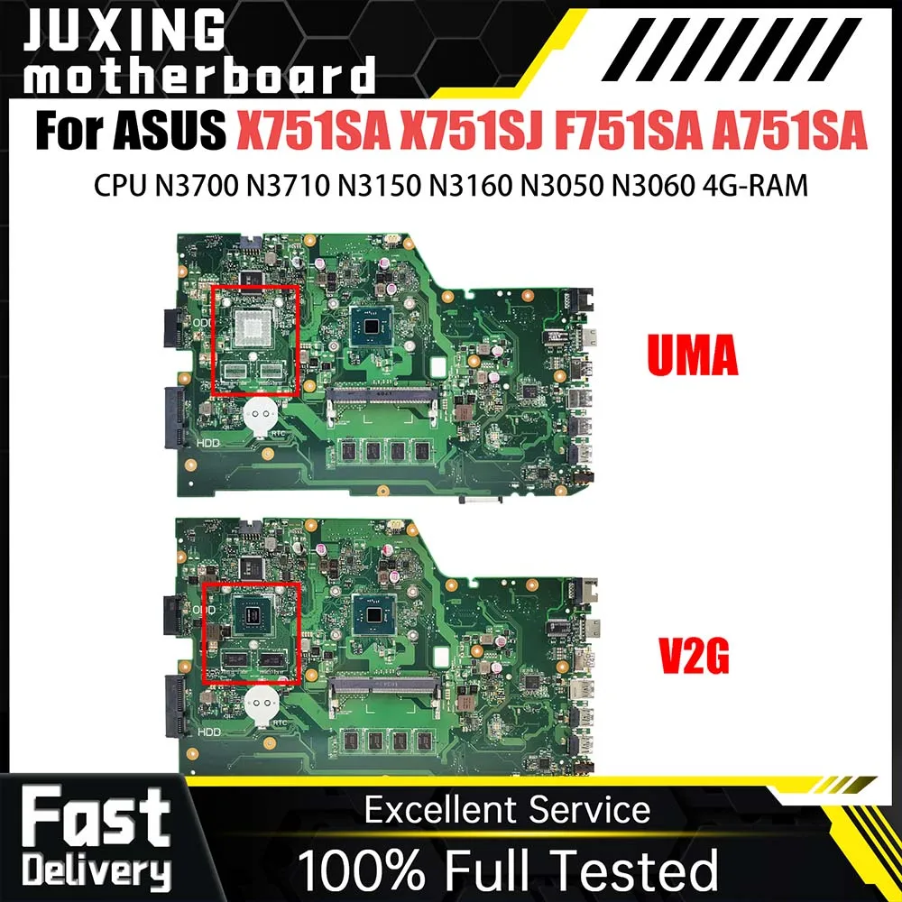 X751SA Laptop Motherboard For ASUS X751SJ K751SV F751SA A751SA F751SJ Mainboard CPU N3700 N3710  N3050 N3060 4GB RAM