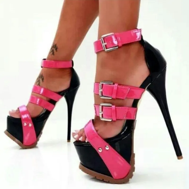 

DIZHUANG Сексуальные женские босоножки на высоком каблуке. Голубые лакированные сандалии. Высота каблука около 15 см. Босоножки с пряжкой на щиколотке.34-46