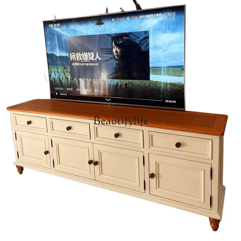 

Pure solid wood high TV cabinet table Mediterranean audio-visual cabinet heightening American simple pastoral small apartment