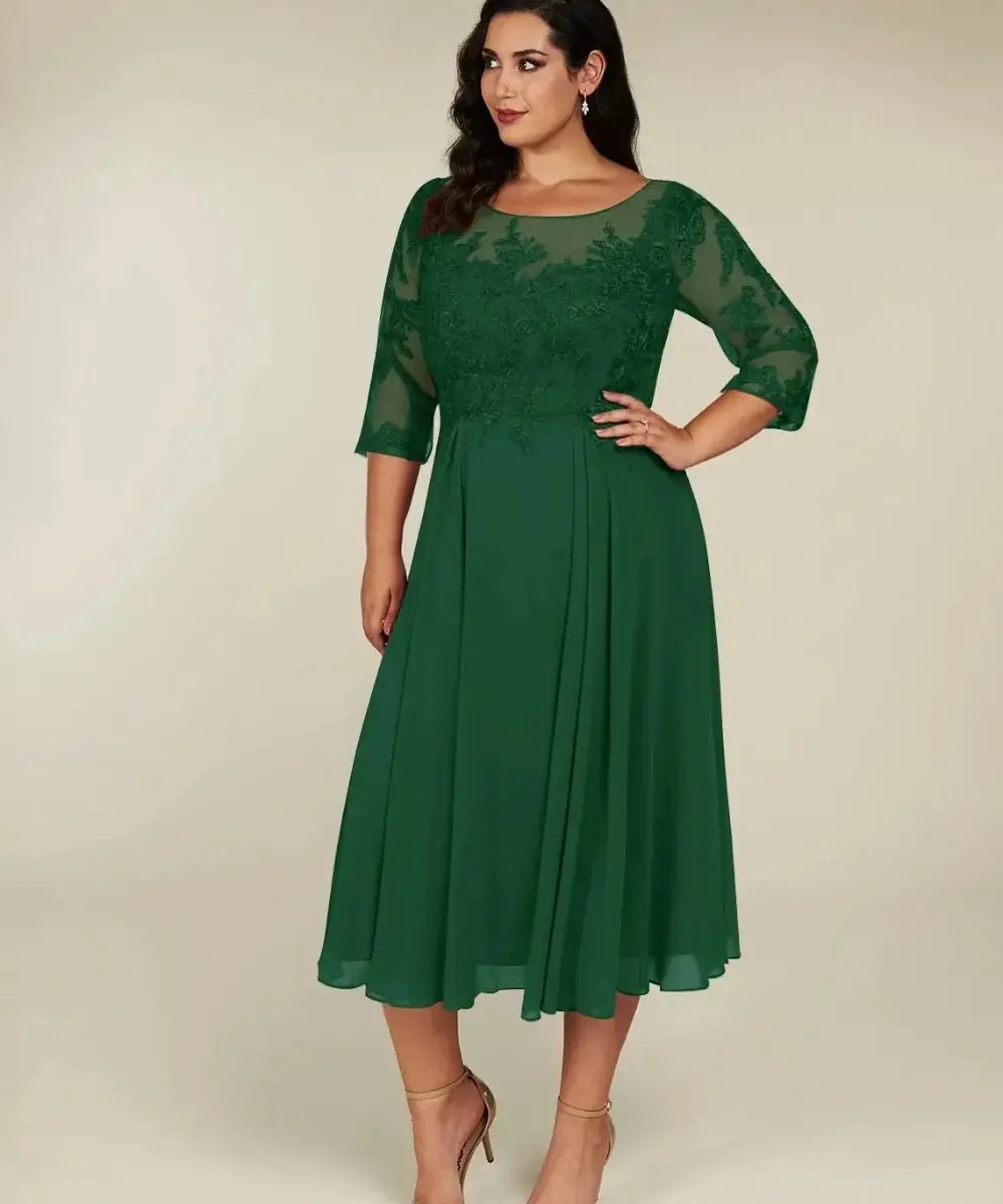 

Customized Charming Emerald Green Mother of the Bride Dress Lace Sleeves Mother Dresses Ankle Length Wedding Guest Gowns YMD16