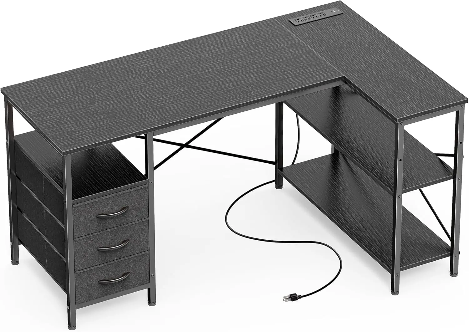 

L-Shaped Desk with Power Outlets, 47' Computer Desk, 3 Drawers & Shelves, Black, for Gaming, Home Office, Study