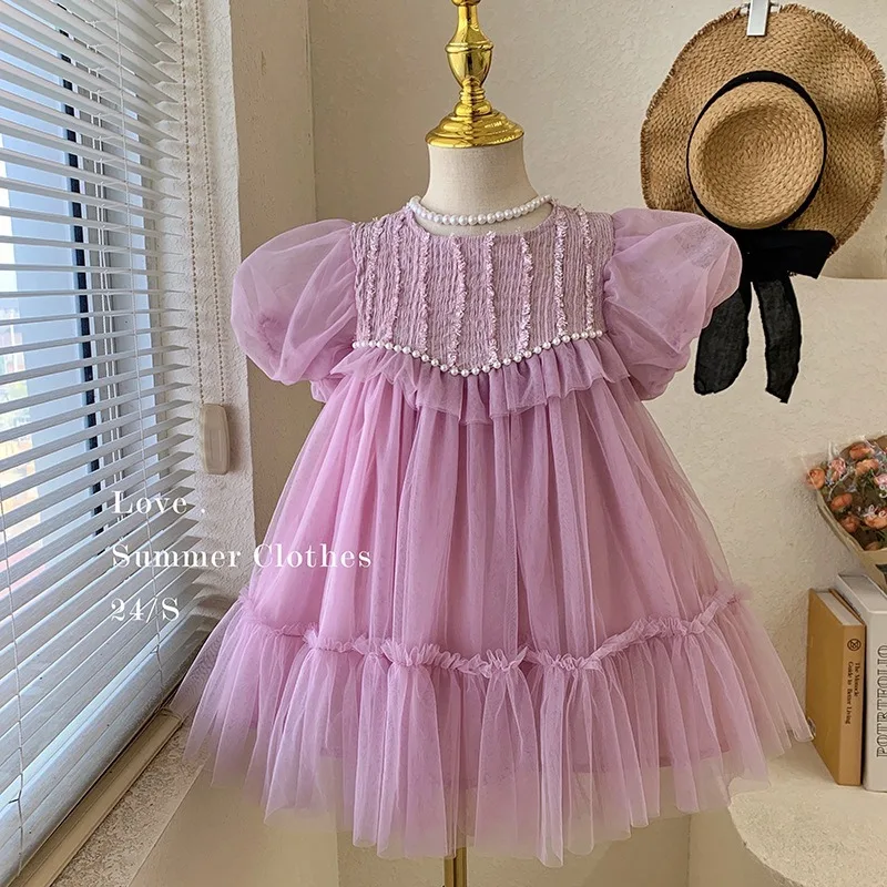 Stile coreano nuova estate bambini ragazza vestito maniche corte in rete soffice maglia tinta unita gonna principessa abbigliamento per bambini