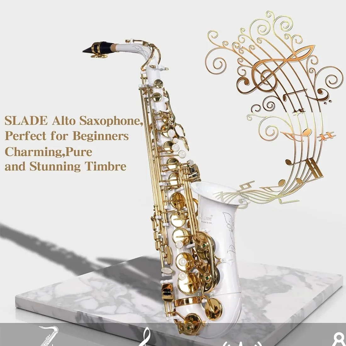 SLADE White Gold Key Alto Saxophone Brass Body Sax Beginner Set for Adult Student Sax Eb Professional Woodwind Instrument