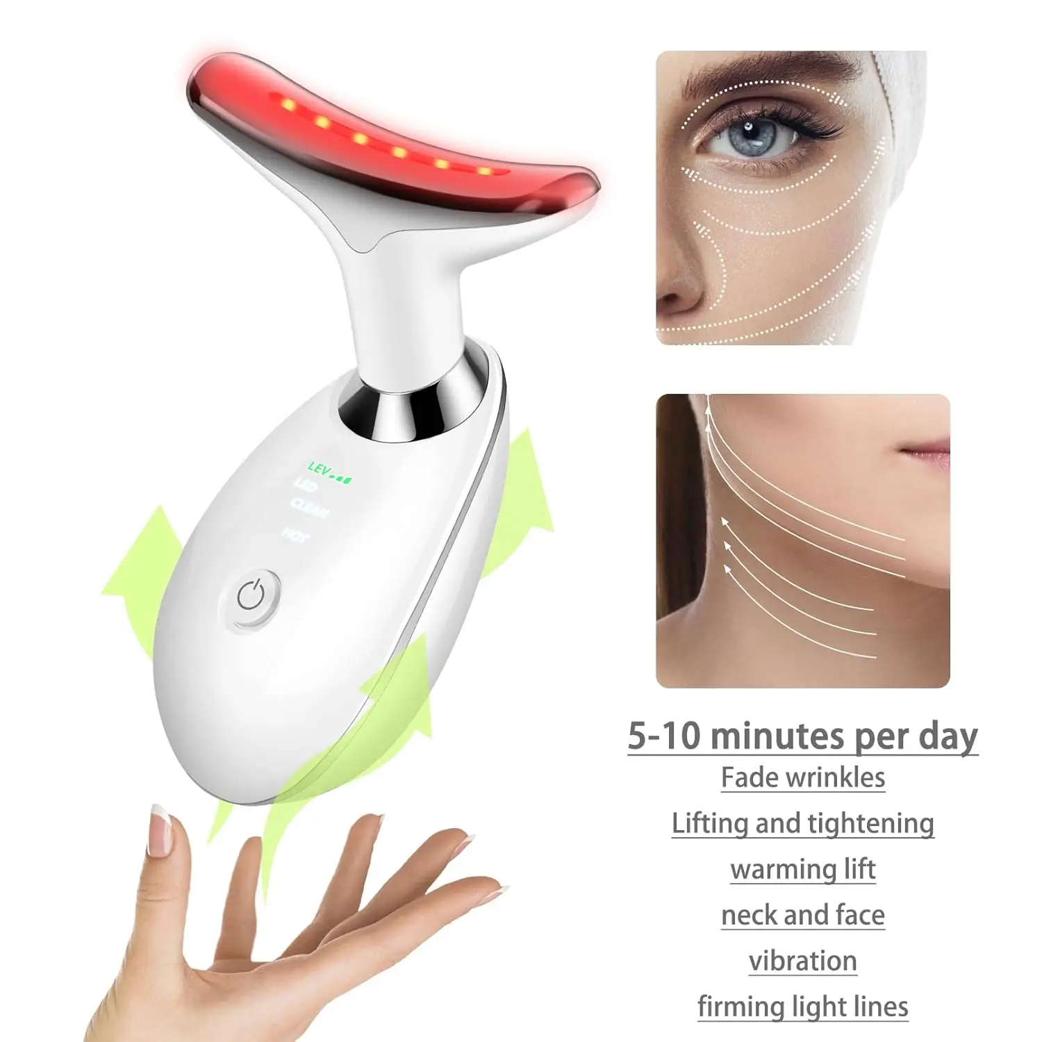Gesichtsmassagegerät, 3-farbige Gesichtsmassage, Anti-Aging-Gesichts-Nacken-Augengerät, 7 Modi, mit 45 Stück ° C Heat Face Toning Device Hautpflege-Tools f