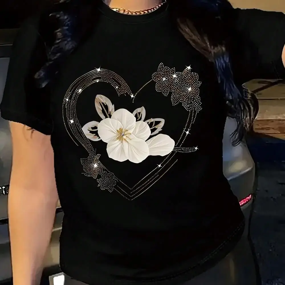 Women s Floral Heart Graphic T-Shirt - Black With White Flowers - Soft Everyday Casual Top - Machine Washable Round Neck Shirt For Women - Everyd
