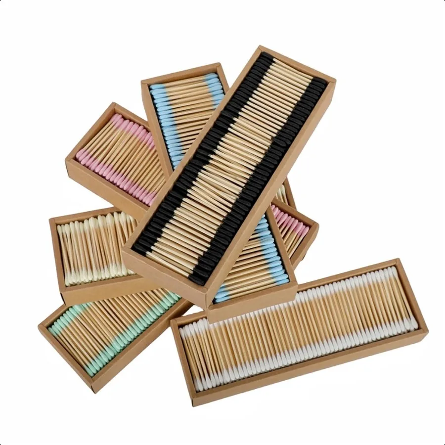 2000本入りプレミアム綿棒 天然コットン製 生分解性オーガニック両端耳垢除去用 2000本入りミックスカラー