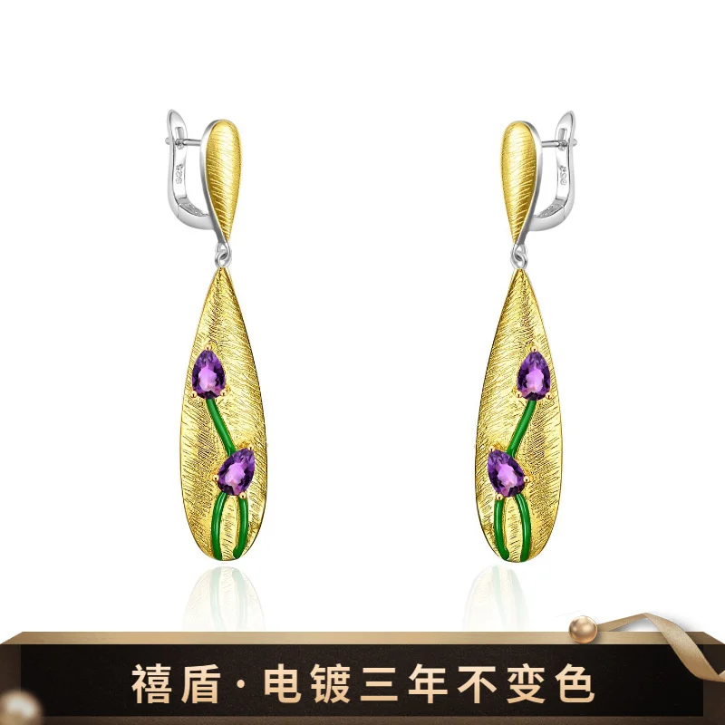 Luxury brand genuine real jewels Italian Craft Jewelry Designer s925 Silver Natural Color Treasure Amethyst Earrings high qualit