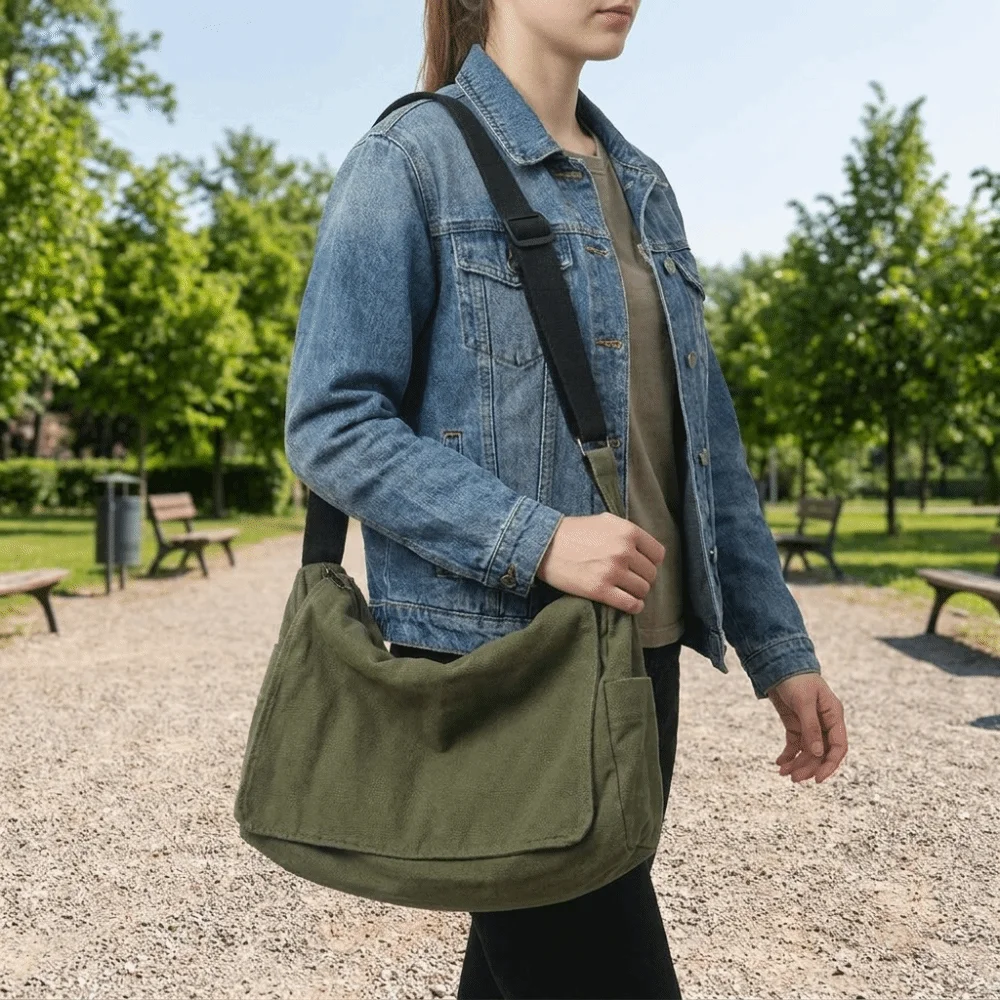 

Portable Canvas Nylon Crossbody Bag Large Capcity Solid Color Messenger Bag Korean Style Multipockets Simple Shoulder Bag Men