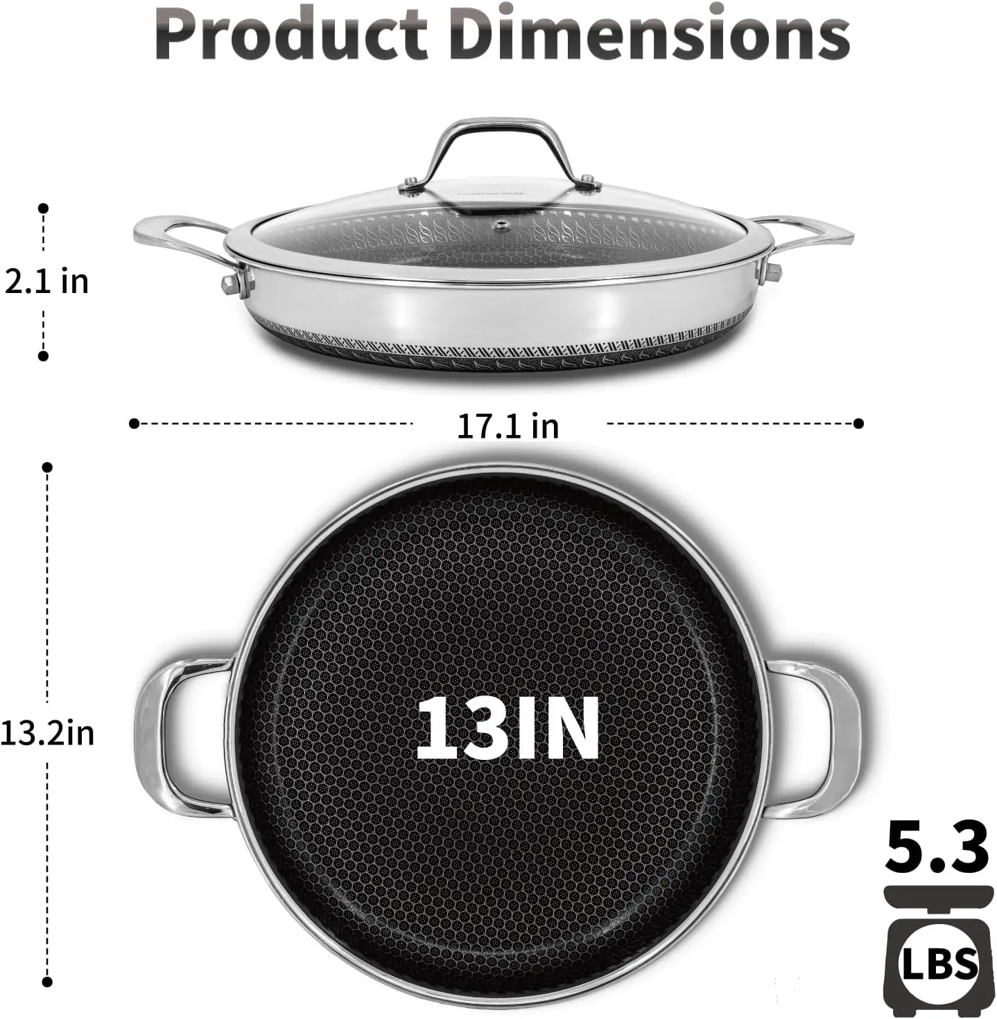 Hybrid Nonstick Skillet with Lid 13 Inch, Stainless Steel Paella Pan with Two Handles Multi-Functional Pan Dishwasher and Oven S