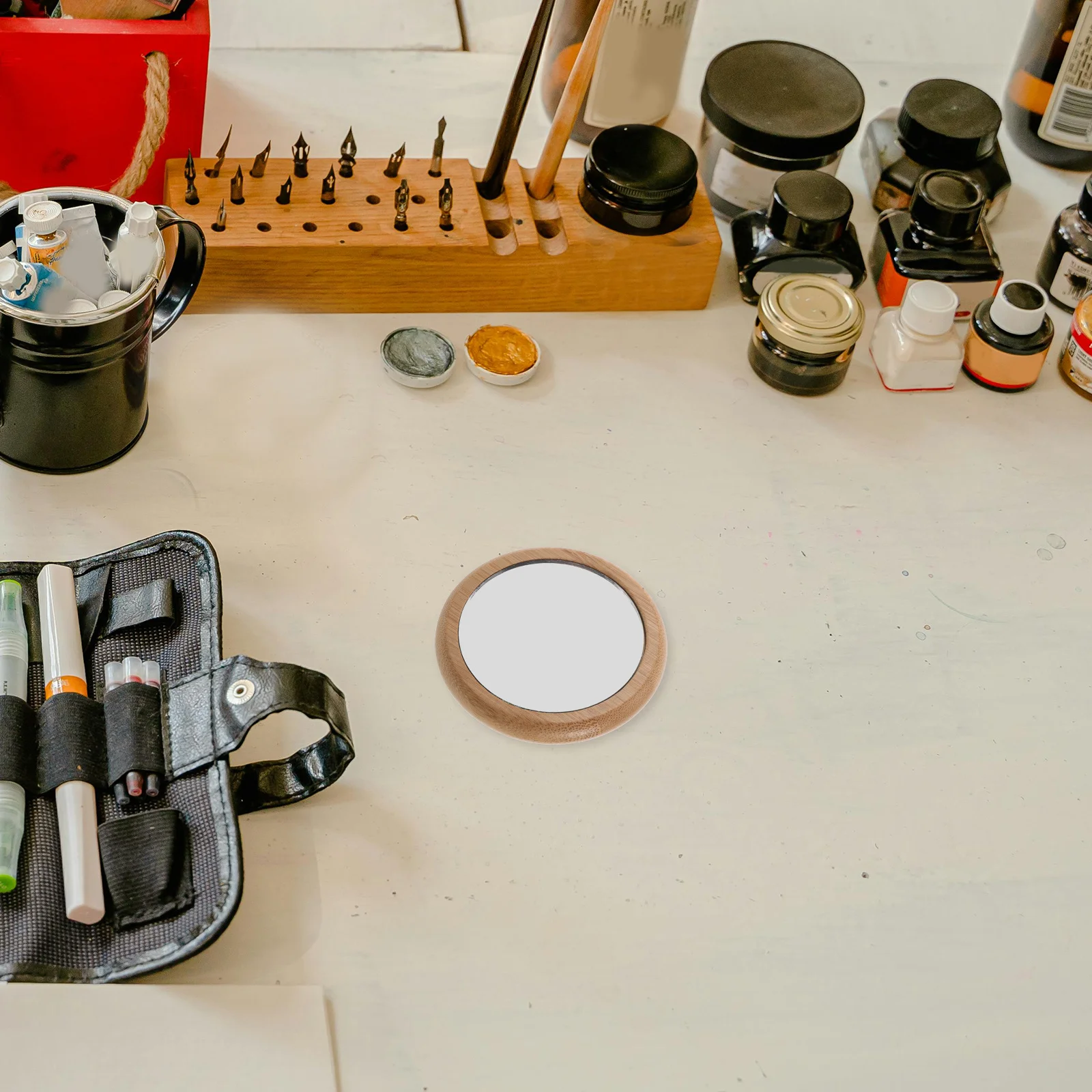 2 قطعة مرآة صغيرة محمولة خفيفة الوزن مدمجة خشبية محمولة للسفر حقيبة يد صغيرة مستديرة متعددة الاستخدامات