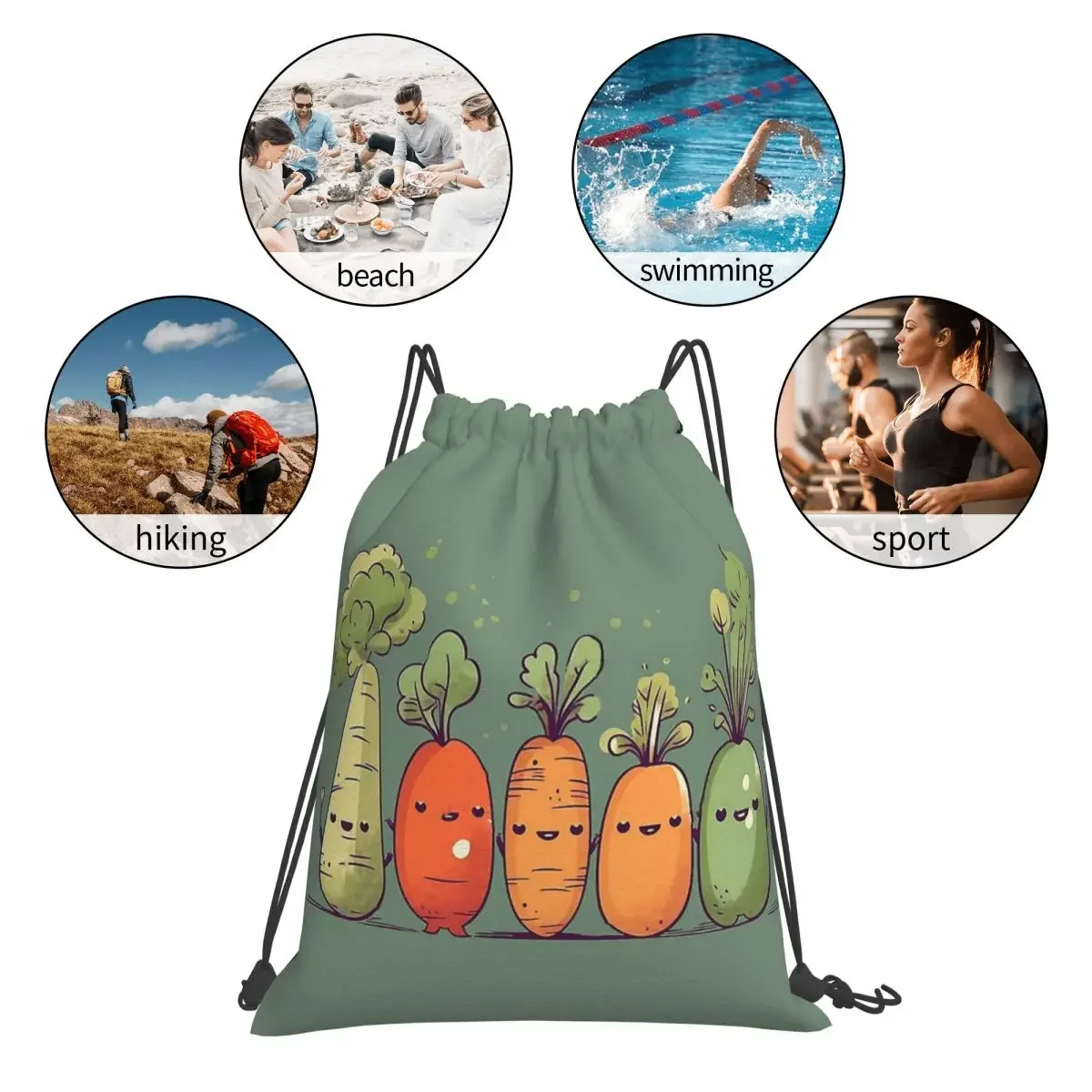 Happy Veggies Backpacks Casual Portable Drawstring Bags Drawstring Bundle Pocket Storage Bag BookBag For Travel Students