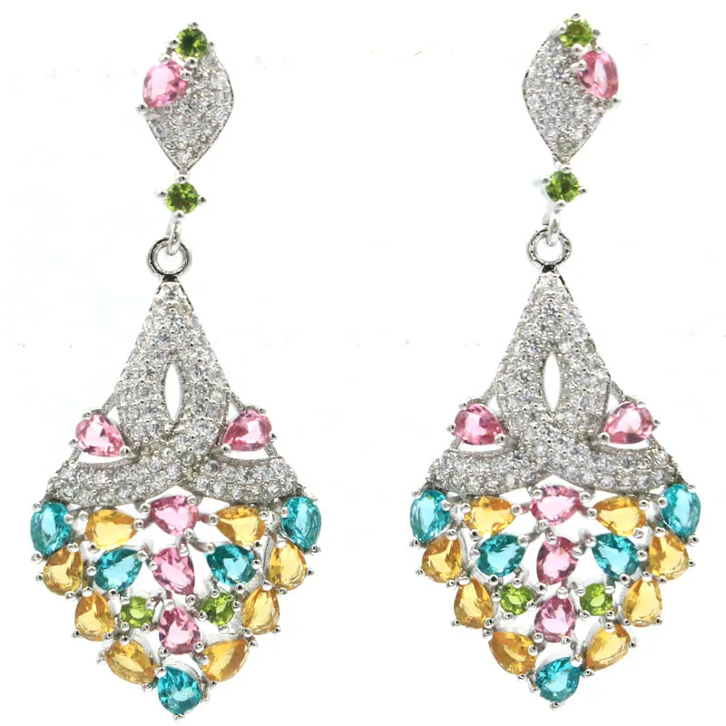 

52x22 мм разноцветные цитрин-аквамарин розовый турмалин розовый морганит CZ женские свадебные серебряные серьги