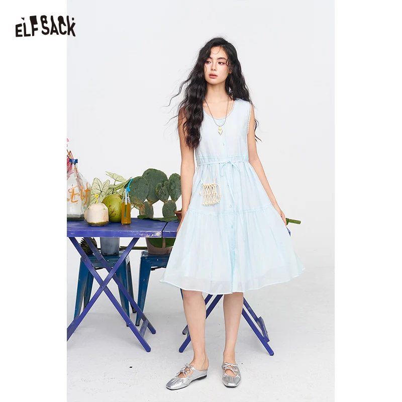 

ELFSACK V Neck Eyelet Sleeveless Midi Dress, Tiered Ruffle Loose Swing Dress, Summer Daily Casual Outfit for Women