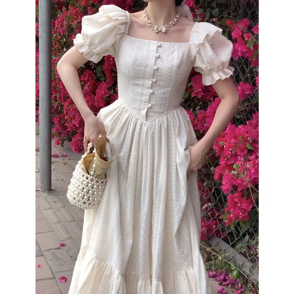 NONSAR French Platycodon Vintage Dress Women Summer Elegant Sweet Ruffles Tight Waist Embroidered Fairy Short Sleeve Midi Dress