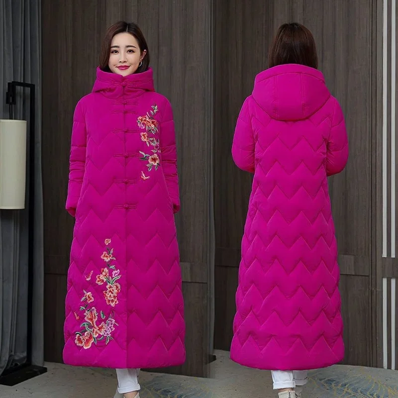 Hiver vers le bas coton rembourré femmes Style National chinois brodé longue vêtements d'extérieur épaissi chaud à capuche Parka manteau femme