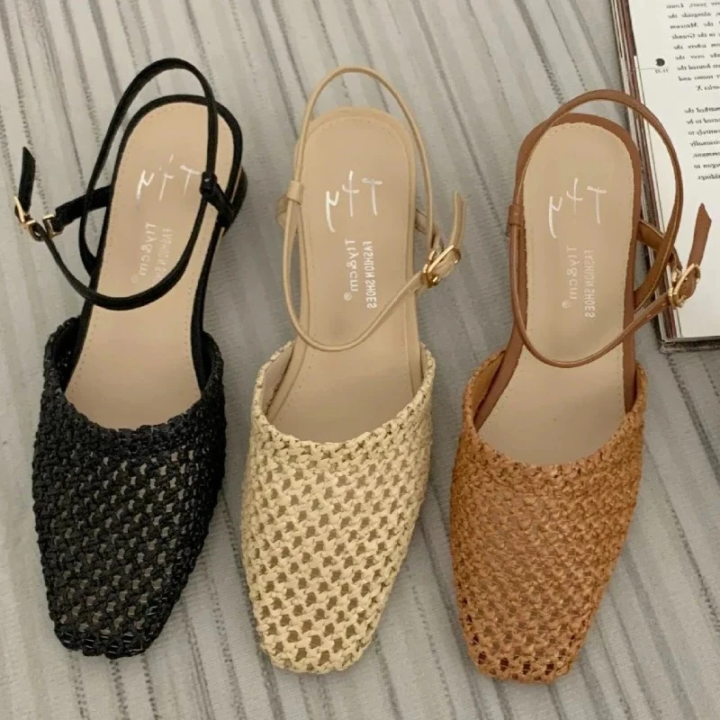 

Ретро сетчатые туфли-лодочки на низком каблуке, женские модные сандалии на танкетке с ремешком сзади и пряжкой, удобные дышащие нескользящие пляжные сандалии