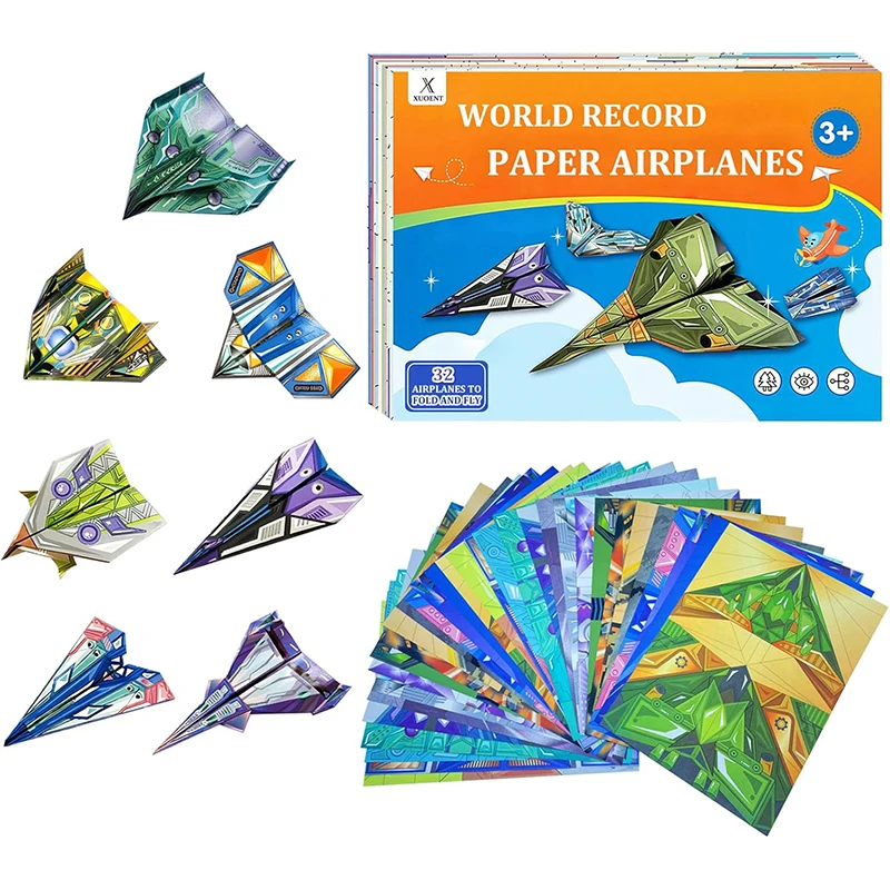 12-64 Sheets Colorful Airplane Origami Paper Kits World Record Paper Planes Craft Kit Gifts for Boys Girls Funny Outdoor Games image 6