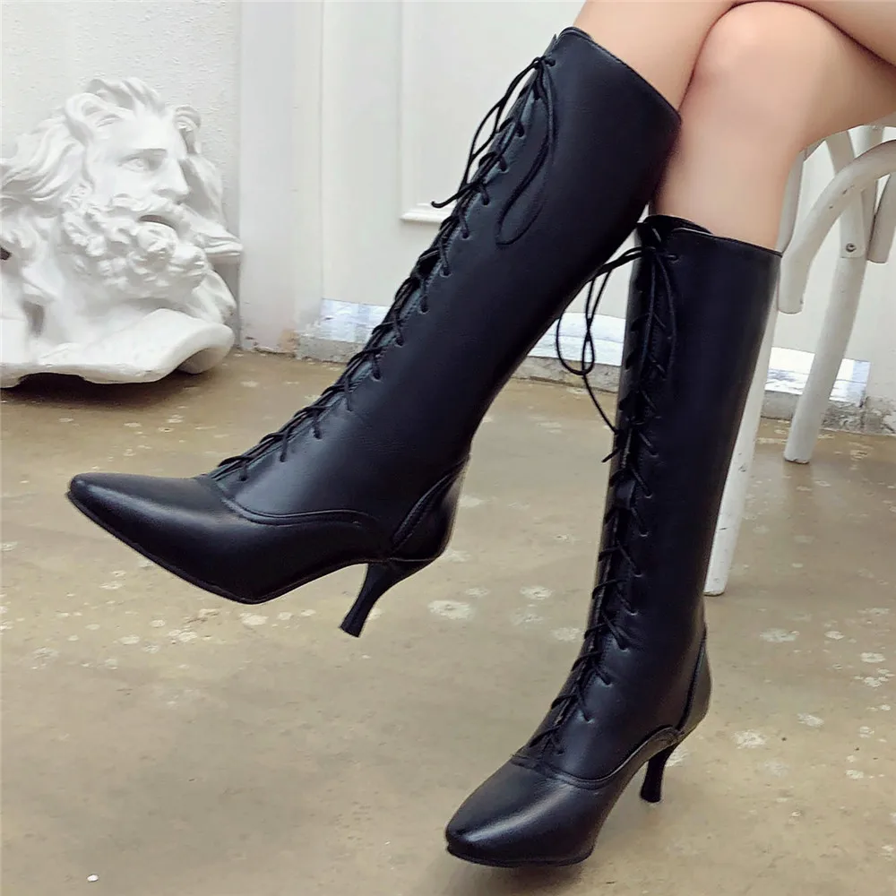 2024 Autumn Winter Black Boots Women Shoes Knee High Ladies Casual Vintage Mid-Calf Boots White Lace Up Pointed Thin Heels Shoes