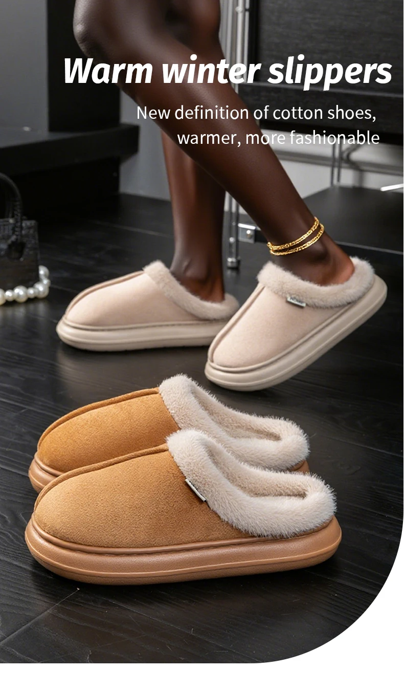 Modische, flauschige Plateau-weiche Hausschuhe für Damen, Plüsch, warme Baumwollschuhe, bequem, rutschfest, Herbst-Winter, Unisex-Hausschuhe – Detail 3